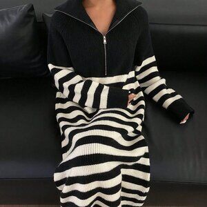 Black Casual Women's Fashion High Neck Zipper Striped A-Line Sweater Dress